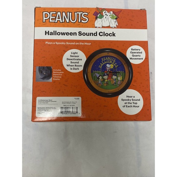Peanuts Halloween Sound Clock Snoopy Lucy Spooky Sound Light Sensor 8" x 8" - Picture 7 of 10